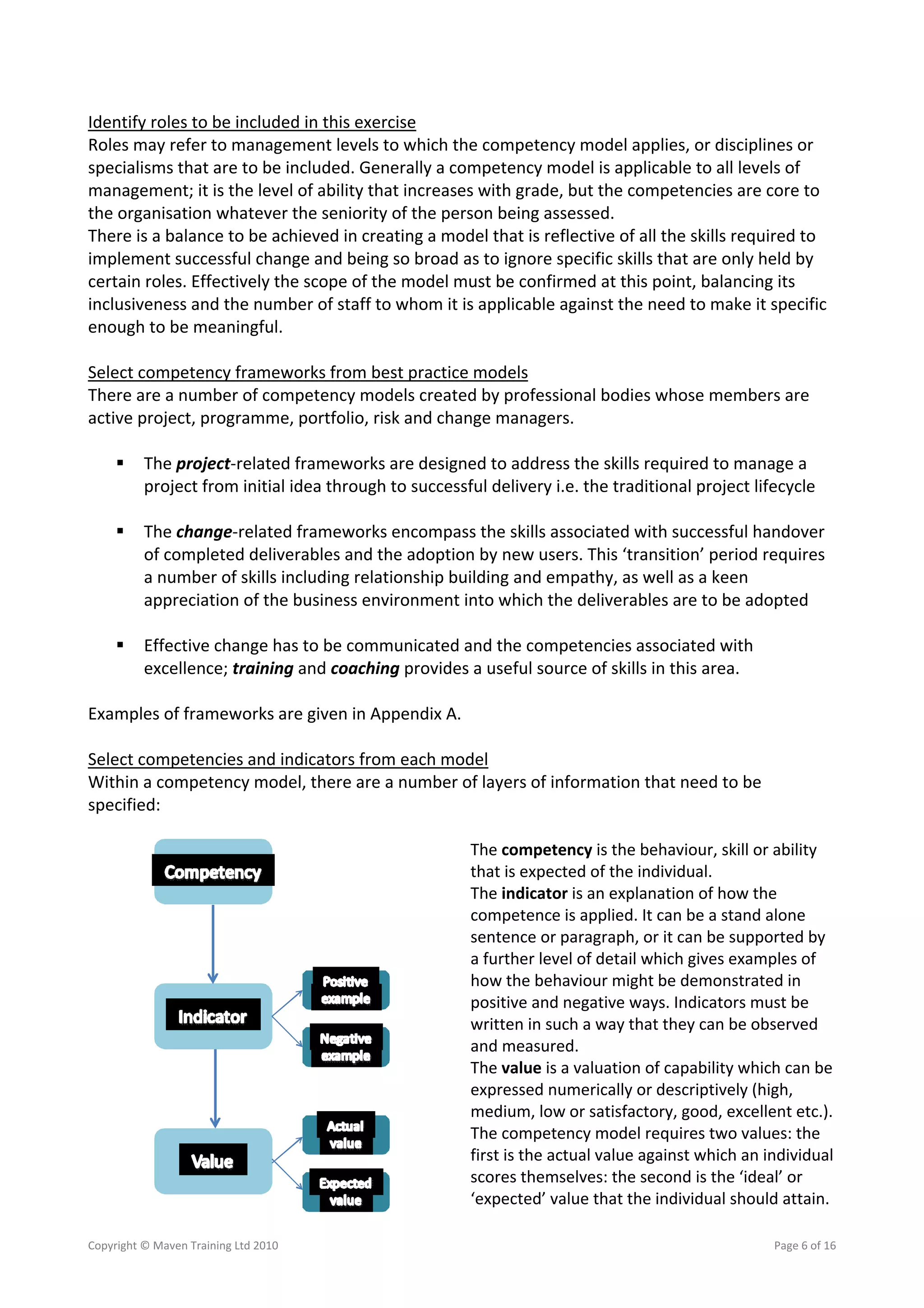 Identify roles to be included in this exercise 
Roles may refer to management levels to which the competency model applies, or disciplines or 
specialisms that are to be included. Generally a competency model is applicable to all levels of 
management; it is the level of ability that increases with grade, but the competencies are core to 
the organisation whatever the seniority of the person being assessed.  
There is a balance to be achieved in creating a model that is reflective of all the skills required to 
implement successful change and being so broad as to ignore specific skills that are only held by 
certain roles. Effectively the scope of the model must be confirmed at this point, balancing its 
inclusiveness and the number of staff to whom it is applicable against the need to make it specific 
enough to be meaningful. 
 
Select competency frameworks from best practice models 
There are a number of competency models created by professional bodies whose members are 
active project, programme, portfolio, risk and change managers.  
 
     The project‐related frameworks are designed to address the skills required to manage a 
        project from initial idea through to successful delivery i.e. the traditional project lifecycle  
 
     The change‐related frameworks encompass the skills associated with successful handover 
        of completed deliverables and the adoption by new users. This ‘transition’ period requires 
        a number of skills including relationship building and empathy, as well as a keen 
        appreciation of the business environment into which the deliverables are to be adopted  
 
     Effective change has to be communicated and the competencies associated with 
        excellence; training and coaching provides a useful source of skills in this area. 
 
Examples of frameworks are given in Appendix A. 
 
Select competencies and indicators from each model 
Within a competency model, there are a number of layers of information that need to be 
specified: 
 
                                                     The competency is the behaviour, skill or ability 
                                                     that is expected of the individual.  
                                                     The indicator is an explanation of how the 
                                                     competence is applied. It can be a stand alone 
                                                     sentence or paragraph, or it can be supported by 
                                                     a further level of detail which gives examples of 
                                                     how the behaviour might be demonstrated in 
                                                     positive and negative ways. Indicators must be 
                                                     written in such a way that they can be observed 
                                                     and measured. 
                                                     The value is a valuation of capability which can be 
                                                     expressed numerically or descriptively (high, 
                                                     medium, low or satisfactory, good, excellent etc.). 
                                                     The competency model requires two values: the 
                                                     first is the actual value against which an individual 
                                                     scores themselves: the second is the ‘ideal’ or 
                                                     ‘expected’ value that the individual should attain. 

Copyright © Maven Training Ltd 2010                                                              Page 6 of 16  
 