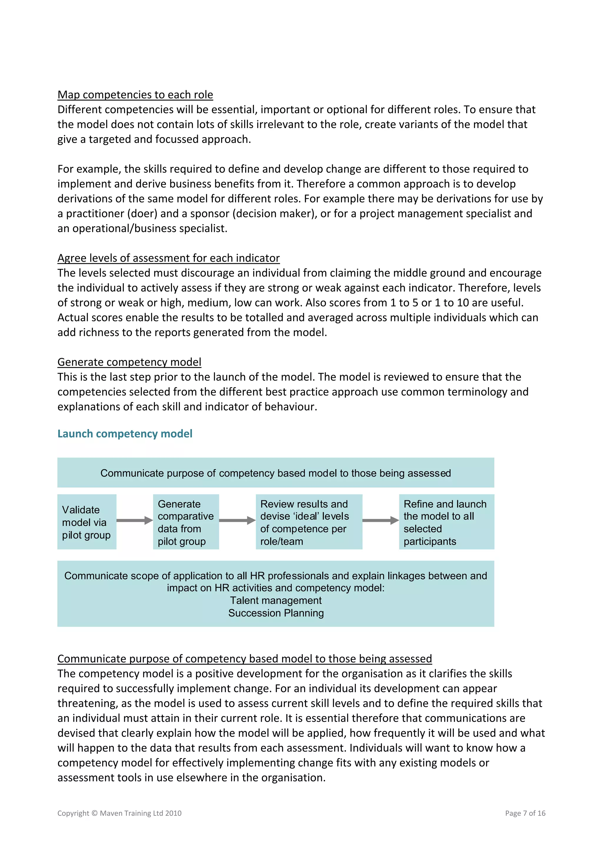  
Map competencies to each role 
Different competencies will be essential, important or optional for different roles. To ensure that 
the model does not contain lots of skills irrelevant to the role, create variants of the model that 
give a targeted and focussed approach.  
 
For example, the skills required to define and develop change are different to those required to 
implement and derive business benefits from it. Therefore a common approach is to develop 
derivations of the same model for different roles. For example there may be derivations for use by 
a practitioner (doer) and a sponsor (decision maker), or for a project management specialist and 
an operational/business specialist.  
 
Agree levels of assessment for each indicator 
The levels selected must discourage an individual from claiming the middle ground and encourage 
the individual to actively assess if they are strong or weak against each indicator. Therefore, levels 
of strong or weak or high, medium, low can work. Also scores from 1 to 5 or 1 to 10 are useful. 
Actual scores enable the results to be totalled and averaged across multiple individuals which can 
add richness to the reports generated from the model. 
 
Generate competency model 
This is the last step prior to the launch of the model. The model is reviewed to ensure that the 
competencies selected from the different best practice approach use common terminology and 
explanations of each skill and indicator of behaviour. 

Launch competency model 

 
           Communicate purpose of competency based model to those being assessed
 
 
                     Generate                Review results and            Refine and launch
  Validate           comparative             devise ‘ideal’ levels         the model to all
  model via          data from               of competence per             selected
  pilot group        pilot group             role/team                     participants
 
  Communicate scope of application to all HR professionals and explain linkages between and
                        impact on HR activities and competency model:
                                     Talent management
                                    Succession Planning
 
 
Communicate purpose of competency based model to those being assessed 
The competency model is a positive development for the organisation as it clarifies the skills 
required to successfully implement change. For an individual its development can appear 
threatening, as the model is used to assess current skill levels and to define the required skills that 
an individual must attain in their current role. It is essential therefore that communications are 
devised that clearly explain how the model will be applied, how frequently it will be used and what 
will happen to the data that results from each assessment. Individuals will want to know how a 
competency model for effectively implementing change fits with any existing models or 
assessment tools in use elsewhere in the organisation. 
 
Copyright © Maven Training Ltd 2010                                                           Page 7 of 16  
 