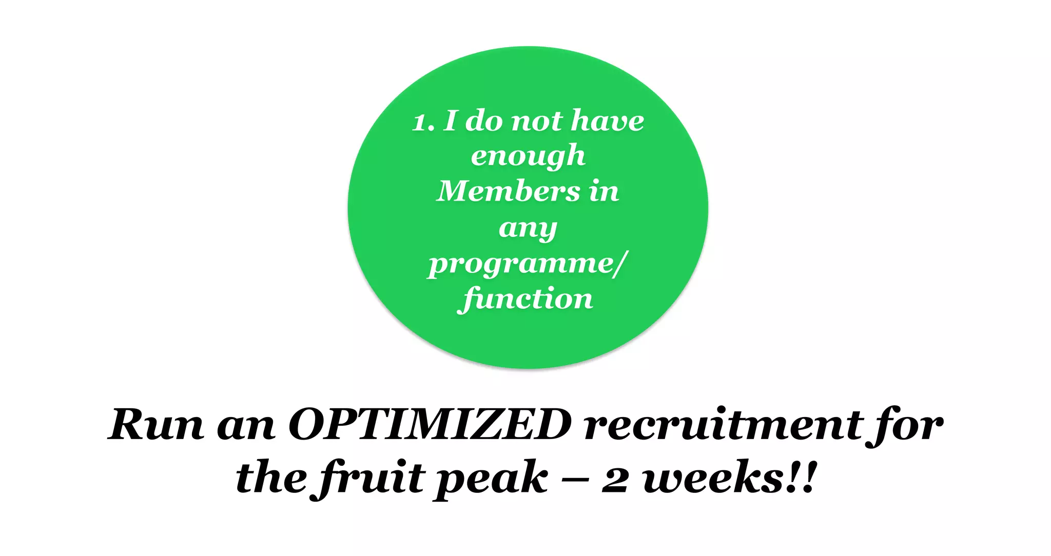 Run an OPTIMIZED recruitment for
the fruit peak – 2 weeks!!
1. I do not have
enough
Members in
any
programme/
function
 