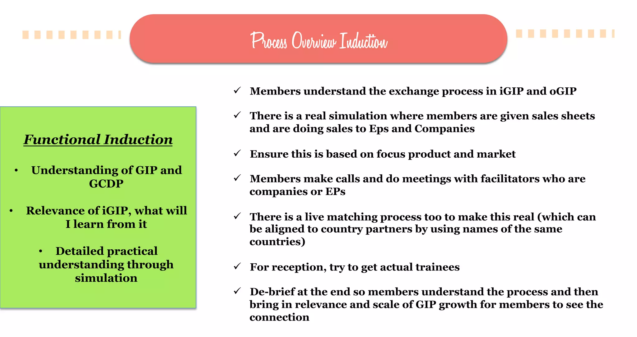 Process Overview Induction
Functional Induction
•  Understanding of GIP and
GCDP
•  Relevance of iGIP, what will
I learn from it
•  Detailed practical
understanding through
simulation
ü  Members understand the exchange process in iGIP and oGIP
ü  There is a real simulation where members are given sales sheets
and are doing sales to Eps and Companies
ü  Ensure this is based on focus product and market
ü  Members make calls and do meetings with facilitators who are
companies or EPs
ü  There is a live matching process too to make this real (which can
be aligned to country partners by using names of the same
countries)
ü  For reception, try to get actual trainees
ü  De-brief at the end so members understand the process and then
bring in relevance and scale of GIP growth for members to see the
connection
 