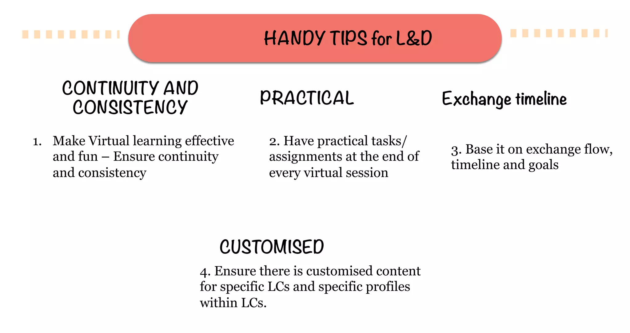 HANDY TIPS for L&D
1.  Make Virtual learning effective
and fun – Ensure continuity
and consistency
2. Have practical tasks/
assignments at the end of
every virtual session
CONTINUITY AND
CONSISTENCY
PRACTICAL 
3. Base it on exchange flow,
timeline and goals
Exchange timeline
4. Ensure there is customised content
for specific LCs and specific profiles
within LCs.
CUSTOMISED
 