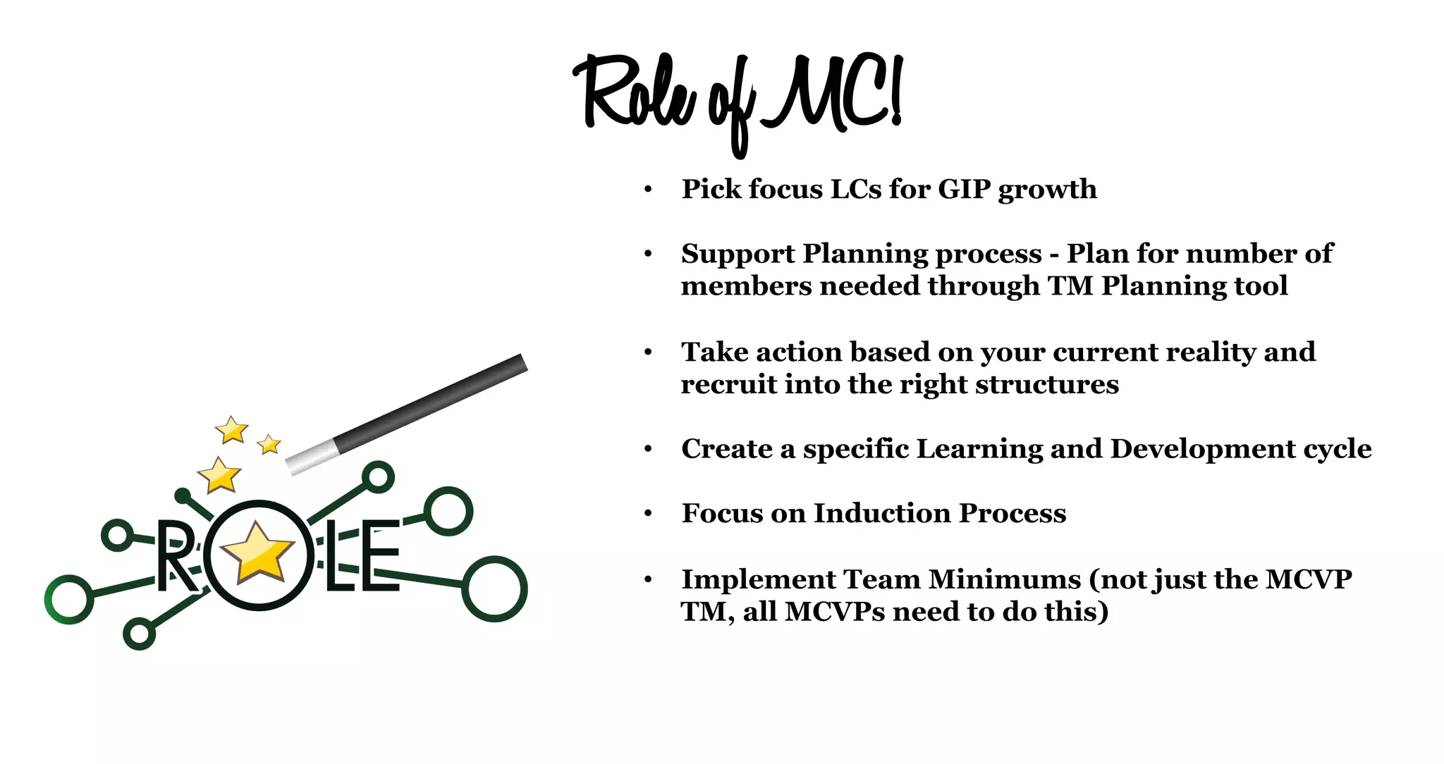 Role of MC!
•  Pick focus LCs for GIP growth
•  Support Planning process - Plan for number of
members needed through TM Planning tool
•  Take action based on your current reality and
recruit into the right structures
•  Create a specific Learning and Development cycle
•  Focus on Induction Process
•  Implement Team Minimums (not just the MCVP
TM, all MCVPs need to do this)
 