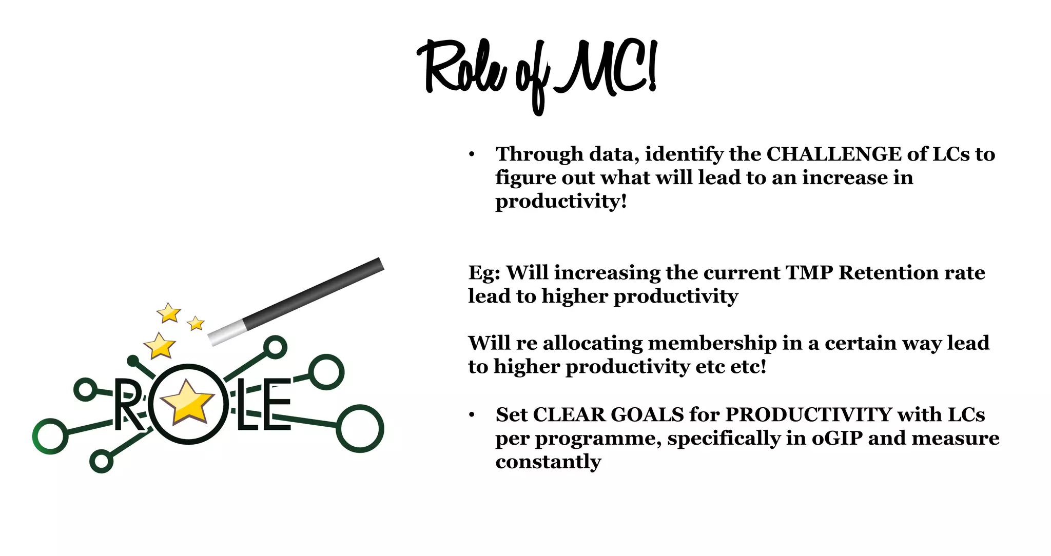 Role of MC!
•  Through data, identify the CHALLENGE of LCs to
figure out what will lead to an increase in
productivity!
Eg: Will increasing the current TMP Retention rate
lead to higher productivity
Will re allocating membership in a certain way lead
to higher productivity etc etc!
•  Set CLEAR GOALS for PRODUCTIVITY with LCs
per programme, specifically in oGIP and measure
constantly
 