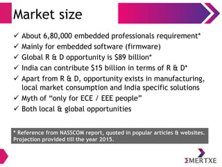Market size
 About 6,80,000 embedded professionals requirement*
 Mainly for embedded software (firmware)
 Global R & D opportunity is $89 billion*
 India can contribute $15 billion in terms of R & D*
 Apart from R & D, opportunity exists in manufacturing,
local market consumption and India specific solutions
 Myth of “only for ECE / EEE people”
 Both local & global opportunities
* Reference from NASSCOM report, quoted in popular articles & websites.
Projection provided till the year 2015.
 