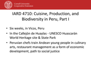 IARD 4710: Cuisine, Production, and
        Biodiversity in Peru, Part I
• Six weeks, in Vicos, Peru
• In the Callejón de Huaylas - UNESCO Huascarán
  World Heritage site & State Park
• Peruvian chefs train Andean young people in culinary
  arts, restaurant management as a form of economic
  development, path to social justice
 