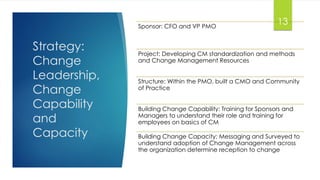 Sponsor: CFO and VP PMO
Project: Developing CM standardization and methods
and Change Management Resources
Structure: Within the PMO, built a CMO and Community
of Practice
Building Change Capability: Training for Sponsors and
Managers to understand their role and training for
employees on basics of CM
Building Change Capacity: Messaging and Surveyed to
understand adoption of Change Management across
the organization determine reception to change
Strategy:
Change
Leadership,
Change
Capability
and
Capacity
13
 