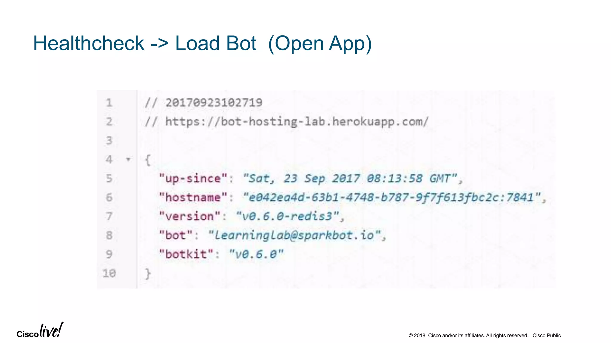 © 2018 Cisco and/or its affiliates. All rights reserved. Cisco Public
Healthcheck -> Load Bot (Open App)
 