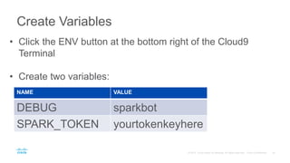 Create Variables
• Click the ENV button at the bottom right of the Cloud9
Terminal
• Create two variables:
NAME VALUE
DEBUG sparkbot
SPARK_TOKEN yourtokenkeyhere
 