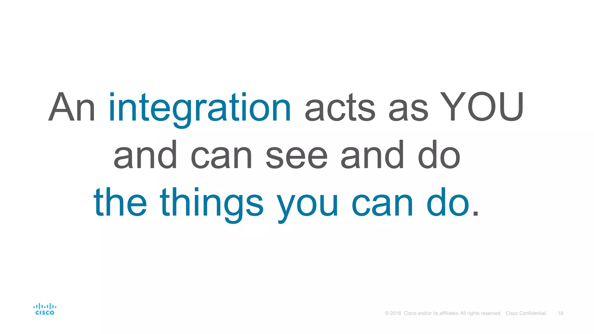 An integration acts as YOU
and can see and do
the things you can do.
 