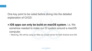 Gurzu Confidential
One key point to be noted before diving into the detailed
explanation of CI/CD:
● iOS apps can only be build on macOS system. i.e, We
somehow needed to make our CI system around a macOS
computer.
○ Meaning, We will be using an iMac as a build server for both Android and iOS.
6
 
