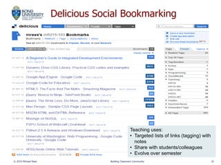 Delicious Social Bookmarking
© 2010 Michael Rees Building Classroom Community 10
Teaching uses:
• Targeted lists of links (tagging) with
notes
• Share with students/colleagues
• Evolve over semester
 