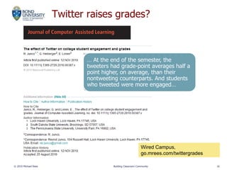 Twitter raises grades?
© 2010 Michael Rees Building Classroom Community 16
… At the end of the semester, the
tweeters had grade-point averages half a
point higher, on average, than their
nontweeting counterparts. And students
who tweeted were more engaged…
Wired Campus,
go.mrees.com/twittergrades
 