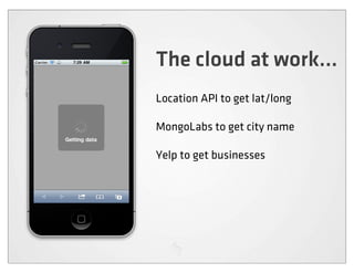 The cloud at work...
Location API to get lat/long

MongoLabs to get city name

Yelp to get businesses
 