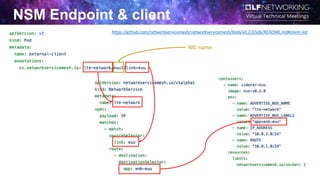 NSM Endpoint & client
https://github.com/networkservicemesh/networkservicemesh/blob/v0.2.0/sdk/README.md#client-list
NIC name
 