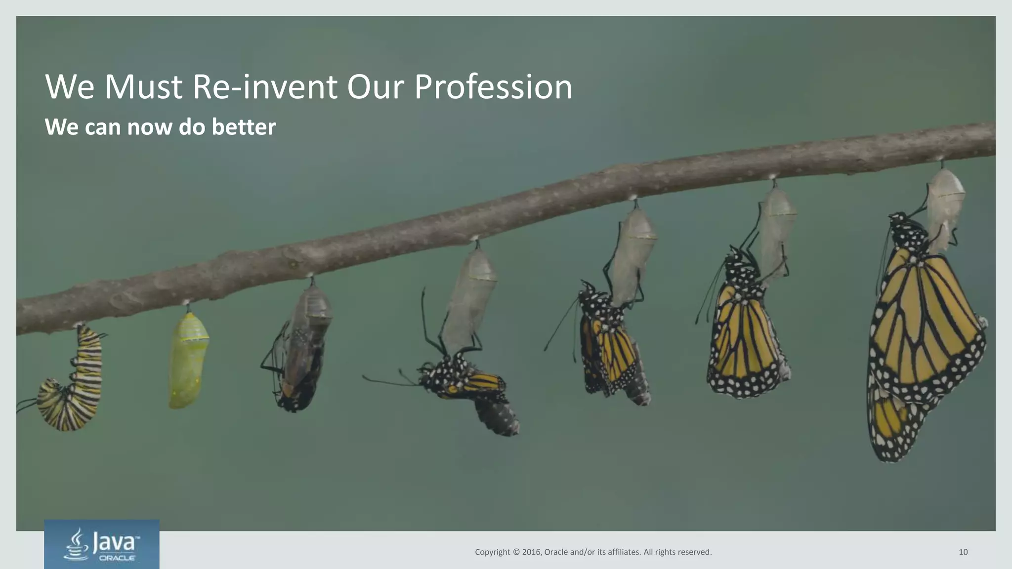 Copyright © 2016, Oracle and/or its affiliates. All rights reserved.
Innovation and Differentiation Systems are Different!
Stop treating them like systems of record
IT-centric
Focus on Saving Money
Release Quarterly
Waterfall
Traditional Infrastructure
Dev/Ops Separated
Project-based
One Large, Monolithic Application
Software Manually Installed
Manual Scaling
Heavy Weight Governance
Tight Coupling
Stateful Middle Tiers
10Copyright © 2016, Oracle and/or its affiliates. All rights reserved.
 