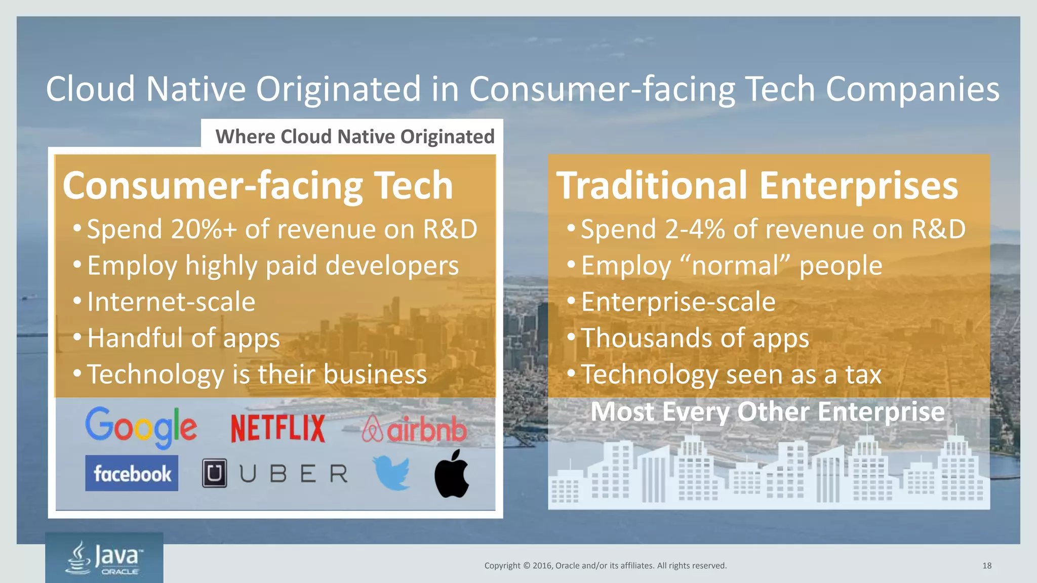 Copyright © 2016, Oracle and/or its affiliates. All rights reserved. 18
What’s the Value of Cloud Native?
SPEED
Quickly move changes
into production
RESILIENCY
Survive failures. Stay
available in production
AGILITY
Change your
practices as needed
#1 Value – Quickly Capitalize on Business Opportunities
 