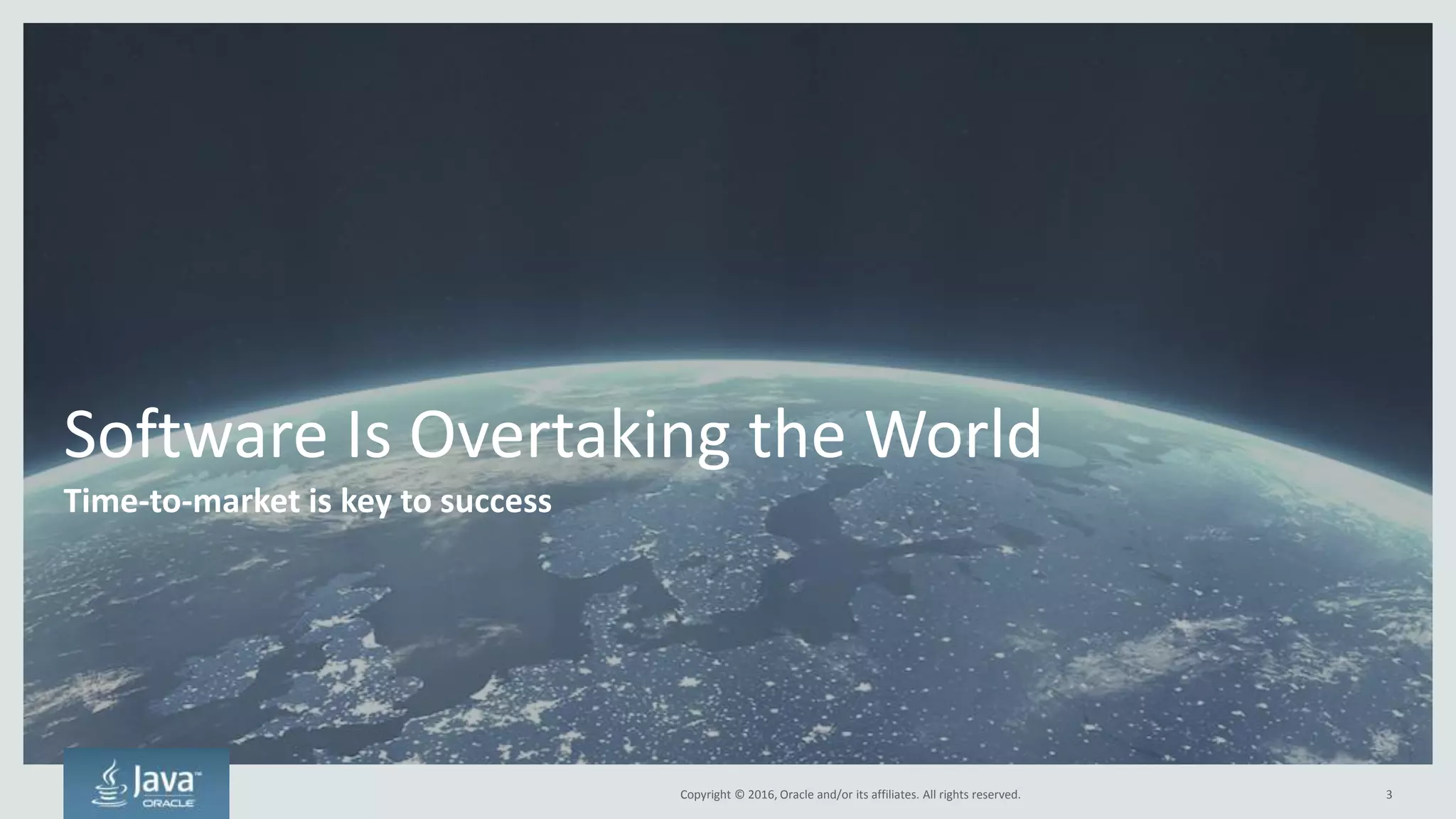 Copyright © 2016, Oracle and/or its affiliates. All rights reserved.
Business Cycles Are Faster Than Ever Before
3
Over the last 50 years, the average
lifespan of companies on the S&P 500
has shrunk from 60 to 18 years
Years
75
65
55
45
35
25
15
5
1930 1940 1950 1960 1970 1980 1990 2000 2010
 