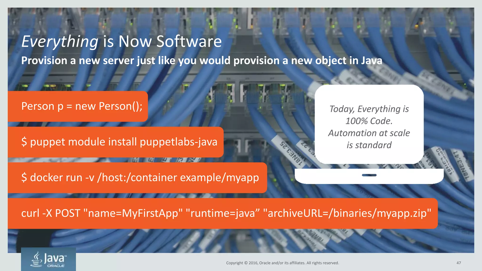 Copyright © 2016, Oracle and/or its affiliates. All rights reserved.
Each Microservice Can Now Use Its Own Database/Datastore
RDBMS is great but not necessary for all use cases
Relational Database
ACID-compliant, suitable for a
wide range of workloads.
Trusted, reliable, wide client
support, easy to use
Object GridsNoSQL
Store objects in and move
business logic into the server-
side grid.
Non-relational organization of
data, including key/value, graph,
document, tabular, etc. Always
BASE and sometimes ACID
compliant
47
 