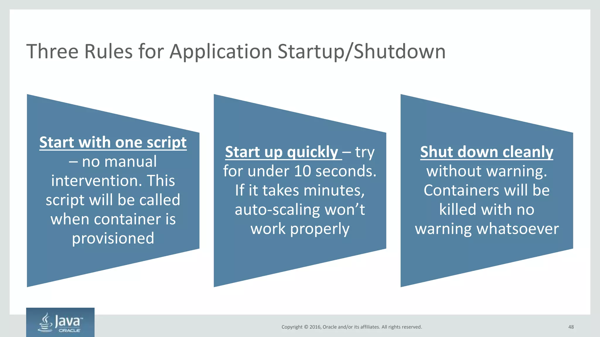 Copyright © 2016, Oracle and/or its affiliates. All rights reserved.
Review: Procurement Changes for Cloud Native
48
Segment Your Software
Empower Developers to Make Procurement
Decisions
Standardize Where it Makes Sense
Look At Non-relational Databases
 