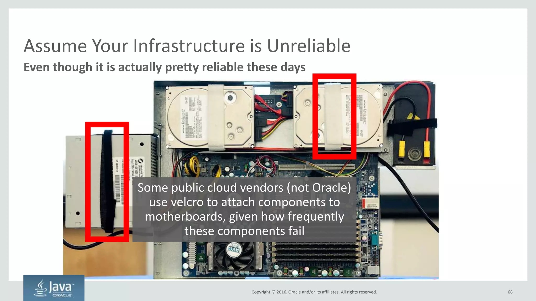 Copyright © 2016, Oracle and/or its affiliates. All rights reserved.
Orchestration
• Top-down coordination of
discrete actions
• Used in centralized,
monolithic applications
• Brittle – centralized by
nature
• Each “action” registers with
centralized system – single
point of failure that is not
very flexible
Choreography
• Bottom-up coordination
of discrete actions
• Used in distributed,
microservice applications
• Resilient – distributed by
nature
• Each microservice
asynchronously throws up a
message that other
microservices can consume
68
Choreography Over Orchestration Between Microservices
 