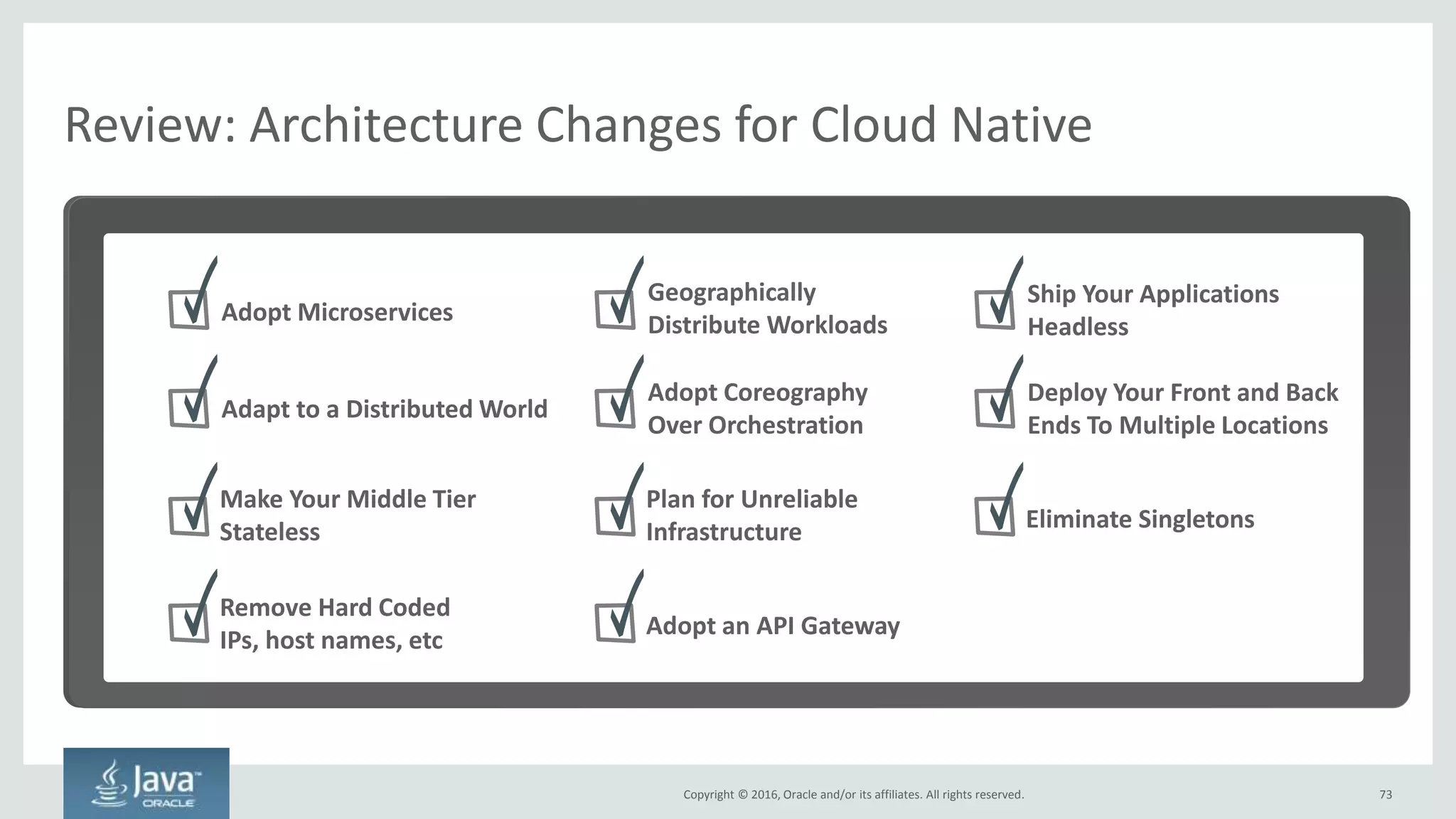 Copyright © 2016, Oracle and/or its affiliates. All rights reserved.
Ship Your Applications Headless
Put your front and back ends in different geographies, fault domains, etc
Design, develop, deploy and manage your front and back ends differently
73
API
Application
Datastore
Infrastructure
API
Application
Datastore
Infrastructure
API
Application
Datastore
Infrastructure
API
Application
Datastore
Infrastructure
BackEnd
Add to Cart Inventory Product Details Search
FrontEnd
API Gateway
Web Content
Management System
Custom Application
Very Different
Requirements
• Security
• Elasticity
• Performance
• Traffic patterns
or
Copyright © 2016, Oracle and/or its affiliates. All rights reserved.
 
