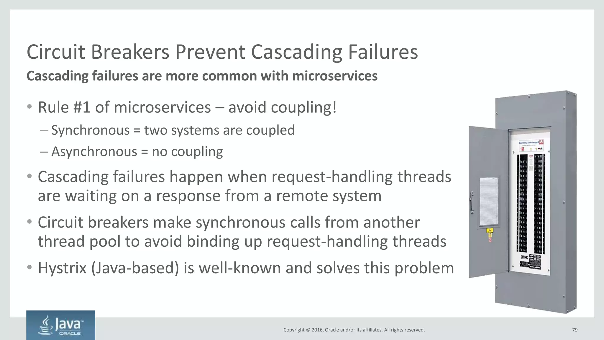 Copyright © 2016, Oracle and/or its affiliates. All rights reserved.
Remember That Latency is Everywhere
Asynchronously make calls to all remote systems
High latency within a single cloud.
Can no longer assume 2ms between
application and data tiers
Application is now comprised of
many different microservices, each
with its own datastore/database
Application is now deployed to
multiple data centers, in multiple
availability zones, in multiple regions
79Copyright © 2016, Oracle and/or its affiliates. All rights reserved.
 