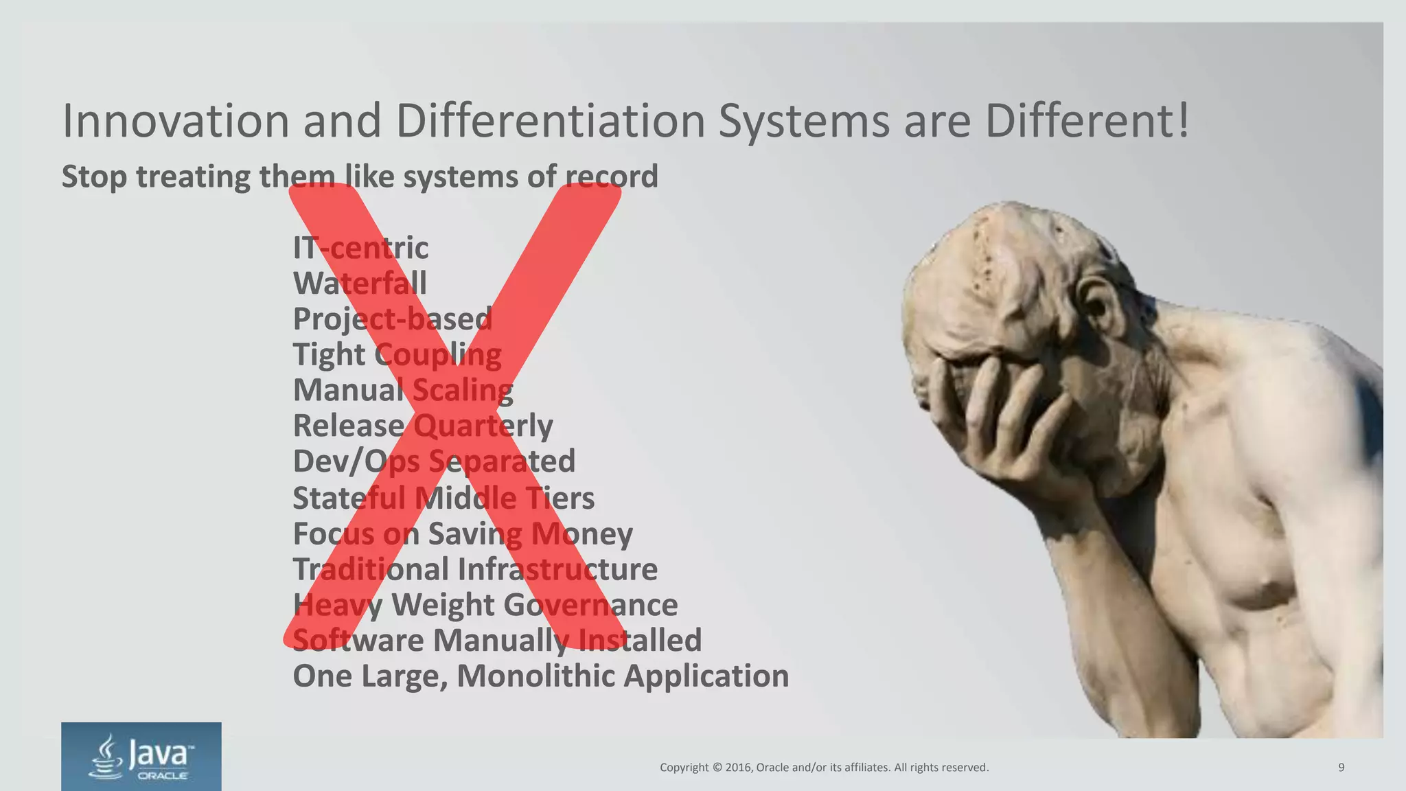 Copyright © 2016, Oracle and/or its affiliates. All rights reserved.
Most Build Software for Innovation and Differentiation
9
75%
By 2020, 75 percent of
application purchases
supporting digital business
will be "build," not "buy.”
Forecast Analysis: Enterprise Application
Software, Worldwide, 2Q15 Update.
 