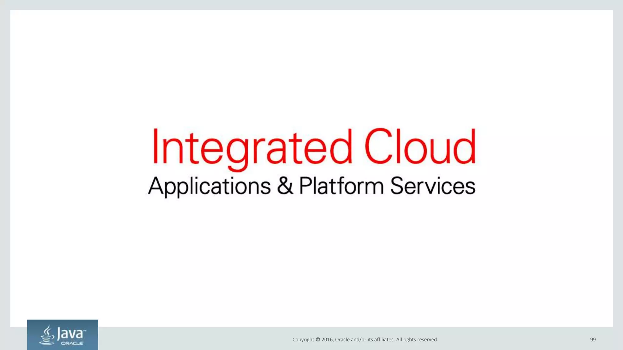 Copyright © 2016, Oracle and/or its affiliates. All rights reserved.
Containers Should Be Immutable
99
Patches to
System Software
New Version of
Application
Configuration
Changes
Build and deploy a new container
Never touch a container that’s already been built
 