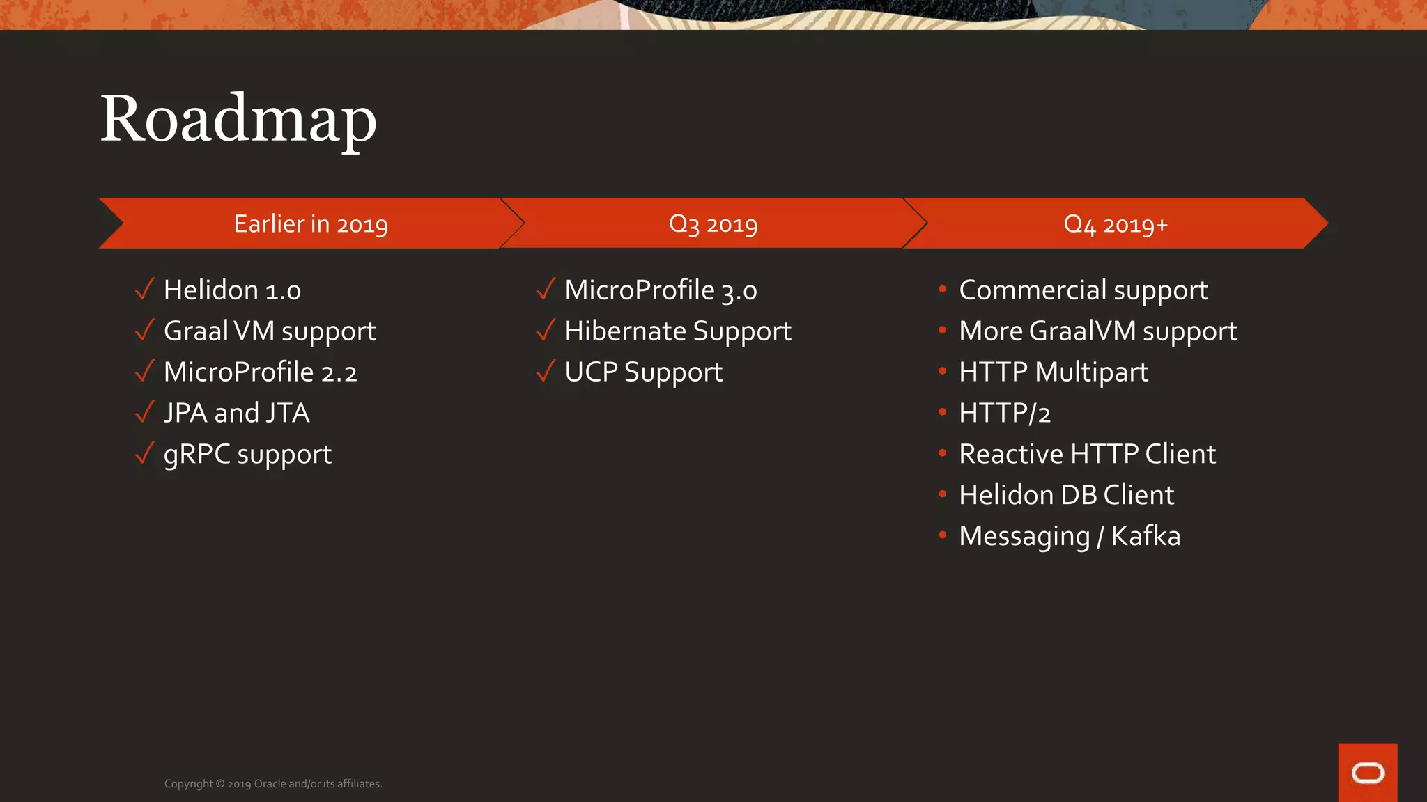 Roadmap
Copyright © 2019 Oracle and/or its affiliates.
Earlier in 2019 Q3 2019
✓ Helidon 1.0
✓ GraalVM support
✓ MicroProfile 2.2
✓ JPA and JTA
✓ gRPC support
✓ MicroProfile 3.0
✓ Hibernate Support
✓ UCP Support
Q4 2019+
• Commercial support
• More GraalVM support
• HTTP Multipart
• HTTP/2
• Reactive HTTP Client
• Helidon DB Client
• Messaging / Kafka
 