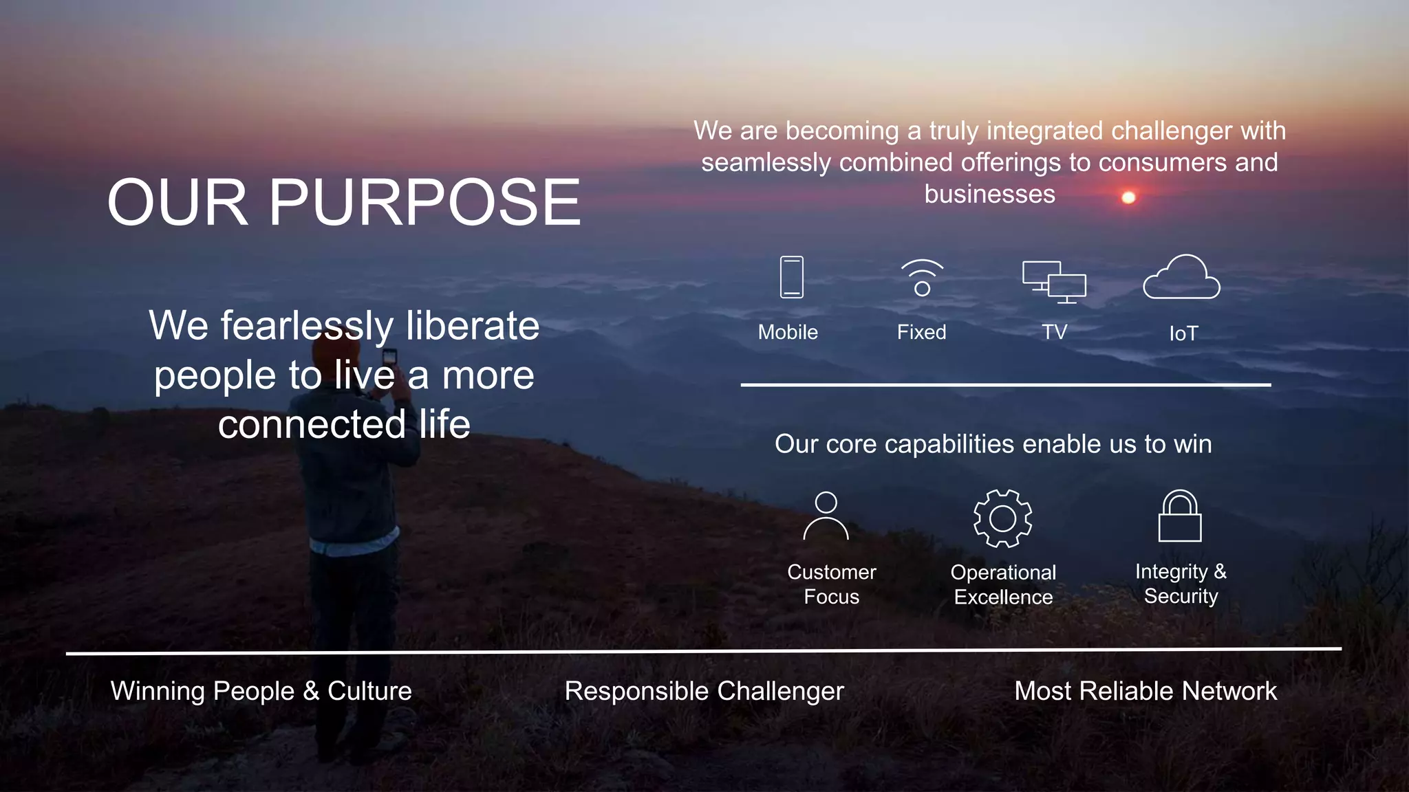 29
OUR PURPOSE
We fearlessly liberate
people to live a more
connected life
We are becoming a truly integrated challenger with
seamlessly combined offerings to consumers and
businesses
Our core capabilities enable us to win
Responsible Challenger Most Reliable NetworkWinning People & Culture
Mobile Fixed TV
Integrity &
Security
IoT
Customer
Focus
Operational
Excellence
 