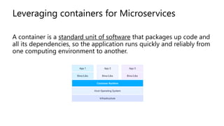 Leveraging containers for Microservices
A container is a standard unit of software that packages up code and
all its dependencies, so the application runs quickly and reliably from
one computing environment to another.
 