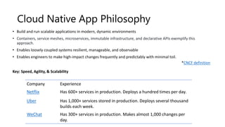 • Build and run scalable applications in modern, dynamic environments
• Containers, service meshes, microservices, immutable infrastructure, and declarative APIs exemplify this
approach.
• Enables loosely coupled systems resilient, manageable, and observable
• Enables engineers to make high-impact changes frequently and predictably with minimal toil.
Company Experience
Netflix Has 600+ services in production. Deploys a hundred times per day.
Uber Has 1,000+ services stored in production. Deploys several thousand
builds each week.
WeChat Has 300+ services in production. Makes almost 1,000 changes per
day.
*CNCF definition
Key: Speed, Agility, & Scalability
 