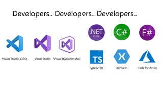 Developers.. Developers.. Developers..
Visual Studio Code Visual Studio Visual Studio for Mac
Tools for AzureXamarinTypeSc...