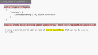 Configuration & Kubernetes
appsettings.secrets.json
kubectl create secret generic secret-appsettings --from-file=./appsettings.secrets.json