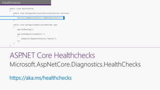 ASP.NET Core Healthchecks
https://aka.ms/healthchecks
Healthchecks