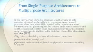 From Single-Purpose Architectures to
Multipurpose Architectures
• In the early days of MSPs, the providers would actually go onto
customer sites and perform their services on customer-owned
premises. Over time, these MSPs specialized in implementation of
infrastructure and quickly figured out ways to build out data centers and
sell those capabilities off in small chunks commonly known as monthly
recurring services, in addition to the basic fees charged for ping, power,
and pipe (PPP).
• Ping refers to the ability to have a live Internet connection,
• power is obvious enough, and
• pipe refers to the amount of data throughput that a customer is willing
to pay for
 