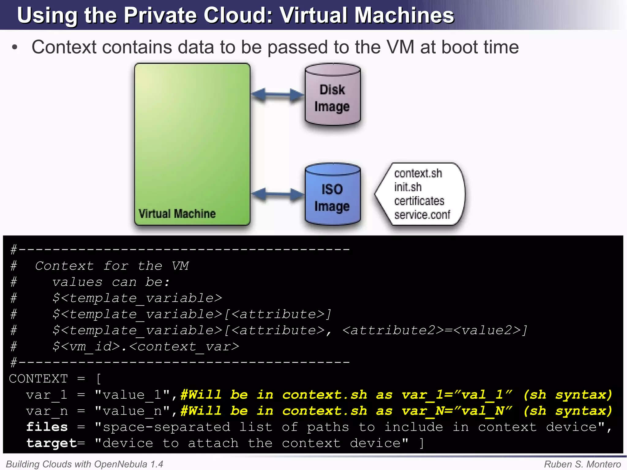 Using the Private Cloud: Virtual Machines
 ●   Context contains data to be passed to the VM at boot time




#---------------------------------------
# Context for the VM
#    values can be:
#    $<template_variable>
#    $<template_variable>[<attribute>]
#    $<template_variable>[<attribute>, <attribute2>=<value2>]
#    $<vm_id>.<context_var>
#---------------------------------------
CONTEXT = [
  var_1 = "value_1",#Will be in context.sh as var_1=”val_1” (sh syntax)
  var_n = "value_n",#Will be in context.sh as var_N=”val_N” (sh syntax)
  files = "space-separated list of paths to include in context device",
  target= "device to attach the context device" ]
Building Clouds with OpenNebula 1.4                              Ruben S. Montero
 