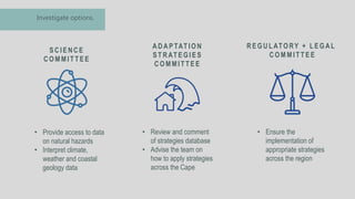 Investigate options.
• Provide access to data
on natural hazards
• Interpret climate,
weather and coastal
geology data
• Review and comment
of strategies database
• Advise the team on
how to apply strategies
across the Cape
• Ensure the
implementation of
appropriate strategies
across the region
SCIENCE
CO MMIT TEE
ADAPTAT IO N
ST RAT EG IES
CO MMIT TEE
REGULATORY + LEGAL
C O MMIT TEE
 