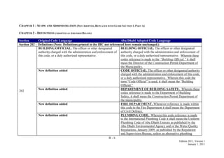 B - 6
Edition 2011, Version 1
January 1, 2011
CHAPTER 1 – SCOPE AND ADMINISTRATION (NOT ADOPTED, REPLACED WITH GUIDE SECTION 1, PART A)
CHAPTER 2 – DEFINITIONS (ADOPTED AS AMENDED BELOW)
Section Original Code Language Abu Dhabi Adopted Code Language
Section 202 – Definitions (Note: Definitions printed in the IBC not referenced here remain unchanged.)
202
BUILDING OFFICIAL. The officer or other designated
authority charged with the administration and enforcement of
this code, or a duly authorized representative.
BUILDING OFFICIAL. The officer or other designated
authority charged with the administration and enforcement of
this code, or a duly authorized representative. Wherein these
codes reference is made to the “Building Official,” it shall
mean the Director of the Construction Permit Department of
the Municipality.
New definition added CODE OFFICIAL. The officer or other designated authority
charged with the administration and enforcement of this code,
or a duly authorized representative. Wherein this code the
term ―Code Official‖ is used, it shall mean the ―Building
Official.‖
New definition added DEPARTMENT OF BUILDING SAFETY. Wherein these
codes reference is made to the Department of Building
Safety, it shall mean the Construction Permit Department of
the municipality.
New definition added FIRE DEPARTMENT. Whenever reference is made within
this code to the Fire Department it shall mean the Department
of Civil Defence.
New definition added PLUMBING CODE. Wherein this code reference is made
to the International Plumbing Code it shall mean the Uniform
Plumbing Code of Abu Dhabi Emirate as published by the
Abu Dhabi Environmental Agency and or the Water Quality
Regulations, January 2009, as published by the Regulation
and Supervision Bureau, unless an alternative plumbing
 