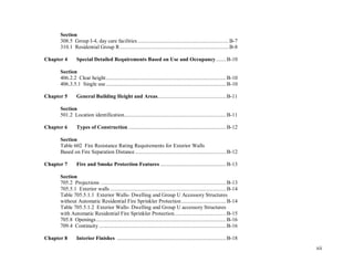 xii
Section
308.5 Group I-4, day care facilities .................................................................B-7
310.1 Residential Group R..............................................................................B-8
Chapter 4 Special Detailed Requirements Based on Use and Occupancy.......B-10
Section
406.2.2 Clear height...................................................................................... B-10
406.3.5.1 Single use...................................................................................... B-10
Chapter 5 General Building Height and Areas................................................. B-11
Section
501.2 Location identification.........................................................................B-11
Chapter 6 Types of Construction ......................................................................B-12
Section
Table 602 Fire Resistance Rating Requirements for Exterior Walls
Based on Fire Separation Distance .................................................................B-12
Chapter 7 Fire and Smoke Protection Features ............................................... B-13
Section
705.2 Projections .......................................................................................... B-13
705.5.1 Exterior walls ................................................................................... B-14
Table 705.5.1.1 Exterior Walls- Dwelling and Group U Accessory Structures
without Automatic Residential Fire Sprinkler Protection................................ B-14
Table 705.5.1.2 Exterior Walls- Dwelling and Group U accessory Structures
with Automatic Residential Fire Sprinkler Protection.....................................B-15
705.8 Openings............................................................................................. B-16
709.4 Continuity ........................................................................................... B-16
Chapter 8 Interior Finishes ..............................................................................B-18
 