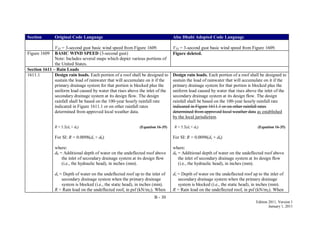 B - 30
Edition 2011, Version 1
January 1, 2011
Section Original Code Language Abu Dhabi Adopted Code Language
V3S = 3-second gust basic wind speed from Figure 1609. V3S = 3-second gust basic wind speed from Figure 1609.
Figure 1609 BASIC WIND SPEED (3-second gust)
Note: Includes several maps which depict various portions of
the United States.
Figure deleted.
Section 1611 – Rain Loads
1611.1 Design rain loads. Each portion of a roof shall be designed to
sustain the load of rainwater that will accumulate on it if the
primary drainage system for that portion is blocked plus the
uniform load caused by water that rises above the inlet of the
secondary drainage system at its design flow. The design
rainfall shall be based on the 100-year hourly rainfall rate
indicated in Figure 1611.1 or on other rainfall rates
determined from approved local weather data.
R = 5.2(ds + dh) (Equation 16-35)
For SI: R = 0.0098(ds + dh)
where:
dh = Additional depth of water on the undeflected roof above
the inlet of secondary drainage system at its design flow
(i.e., the hydraulic head), in inches (mm).
ds = Depth of water on the undeflected roof up to the inlet of
secondary drainage system when the primary drainage
system is blocked (i.e., the static head), in inches (mm).
R = Rain load on the undeflected roof, in psf (kN/m2). When
Design rain loads. Each portion of a roof shall be designed to
sustain the load of rainwater that will accumulate on it if the
primary drainage system for that portion is blocked plus the
uniform load caused by water that rises above the inlet of the
secondary drainage system at its design flow. The design
rainfall shall be based on the 100-year hourly rainfall rate
indicated in Figure 1611.1 or on other rainfall rates
determined from approved local weather data as established
by the local jurisdiction.
R = 5.2(ds + dh) (Equation 16-35)
For SI: R = 0.0098(ds + dh)
where:
dh = Additional depth of water on the undeflected roof above
the inlet of secondary drainage system at its design flow
(i.e., the hydraulic head), in inches (mm).
ds = Depth of water on the undeflected roof up to the inlet of
secondary drainage system when the primary drainage
system is blocked (i.e., the static head), in inches (mm).
R = Rain load on the undeflected roof, in psf (kN/m2). When
 