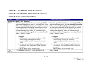 B - 43
Edition 2011, Version 1
January 1, 2011
CHAPTER 24 – GLASS AND GLAZING (ADOPTED, NO AMENDMENTS)
CHAPTER 25 – GYPSUM BOARD AND PLASTER (ADOPTED, NO AMENDMENTS)
CHAPTER 26 – PLASTIC (ADOPTED AS AMENDED BELOW)
Section Original Code Language Abu Dhabi Adopted Code Language
Section 2603 – Foam Plastic Insulation
2603.8 Protection against termites. In areas where the probability
of termite infestation is very heavy in accordance with Figure
2603.8, extruded and expanded polystyrene, polyisocyanurate
and other foam plastics shall not be installed on the exterior
face or under interior or exterior foundation walls or slab
foundations located below grade. The clearance between
foam plastics installed above grade and exposed earth shall be
at least 6 inches (152 mm).
Exceptions:
1. Buildings where the structural members of walls,
floors, ceilings and roofs are entirely of
noncombustible materials or preservative-treated
wood.
2. An approved method of protecting the foam plastic
and structure from subterranean termite damage is
provided.
3. On the interior side of basement walls.
Protection against termites. In areas where the probability
of termite infestation is very heavy in accordance with Figure
2603.8, extruded and expanded polystyrene, polyisocyanurate
and other foam plastics shall not be installed on the exterior
face or under interior or exterior foundation walls or slab
foundations located below grade. The clearance between
foam plastics installed above grade and exposed earth shall be
at least 6 inches (152 mm).
Exceptions:
1. Buildings where the structural members of walls,
floors, ceilings and roofs are entirely of
noncombustible materials or preservative-treated
wood.
2. An approved method of protecting the foam plastic
and structure from subterranean termite damage is
provided.
3. On the interior side of basement walls.
Figure
2603.8
TERMITE INFESTATION PROBABILITY MAP Figure Deleted
 