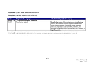 B - 54
Edition 2011, Version 1
January 1, 2011
APPENDIX I – PATIO COVERS (ADOPTED, NO AMENDMENTS)
APPENDIX J – GRADING (ADOPTED AS AMENDED BELOW)
Section Original Code Language Abu Dhabi Adopted Code Language
Section J104 – Permit Application and Submittals
J104.5 New Section Added Geophysical Study. When, in the opinion of the Building
Official site conditions suggest a potential for subsurface
voids, fractures or caves which could impact proposed
structures, a geophysical study shall be performed and
submitted to the municipality for approval prior to issuance of
a grading permit.
APPENDIX K – ADMINISTRATIVE PROVISIONS (NOT ADOPTED. APPLICABLE PROVISIONS INCORPORATED INTO GUIDE SECTION 1, PART A)
 