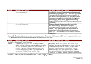 F - 4
Edition 2011, Version 1
January 1, 2011
Section Original Code Language Abu Dhabi Adopted Code Language
New definition added PLUMBING CODE. Wherein this code reference is made
to the International Plumbing Code it shall mean the Uniform
Plumbing Code of Abu Dhabi Emirate as published by the
Abu Dhabi Environmental Agency and or the Water Quality
Regulations, January 2009, as published by the Regulation
and Supervision Bureau, unless an alternative plumbing
design which is based upon the IPC has been approved by the
Fire Official.
New definition added. Required Signage. Signage required by these codes
shall utilize approved internationally recognized
pictographic symbols and/or be printed in Arabic and
English. Unless otherwise specified, characters shall be
not less than 4 inches (102 mm) high and a minimum of
0.5 inch (12.7 mm) wide and utilize an approved contrasting
background.
CHAPTER 3 – GENERAL REQUIREMENTS (ADOPTED AS AMENDED BELOW) The contents of this chapter shall be used in conjunction with current
Civil Defence Regulations. Where requirements differ, the most restrictive shall apply.
Section Original Code Language Abu Dhabi Adopted Code Language
Section 304 - Combustible Waste Materials
304.1.2 Vegetation. Weeds, grass, vines or other growth that is
capable of being ignited and endangering property, shall be
cut down and removed by the owner or occupant of the
premises. Vegetation clearance requirements in urban-
wildland interface areas shall be in accordance with the
International Wildland-Urban Interface Code.
Vegetation. Weeds, grass, vines or other growth that is
capable of being ignited and endangering property, shall be
cut down and removed by the owner or occupant of the
premises. Vegetation clearance requirements in urban-
wildland interface areas shall be in accordance with the
International Wildland-Urban Interface Code. Directorate
General of Civil Defence, or a duly authorized representative.
Section 307 - Open Burning, Recreational Fires and Portable Outdoor Fireplaces
 