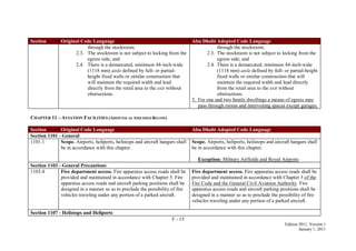 F - 15
Edition 2011, Version 1
January 1, 2011
Section Original Code Language Abu Dhabi Adopted Code Language
through the stockroom;
2.3. The stockroom is not subject to locking from the
egress side; and
2.4. There is a demarcated, minimum 44-inch-wide
(1118 mm) aisle defined by full- or partial-
height fixed walls or similar construction that
will maintain the required width and lead
directly from the retail area to the exit without
obstructions.
through the stockroom;
2.3. The stockroom is not subject to locking from the
egress side; and
2.4. There is a demarcated, minimum 44-inch-wide
(1118 mm) aisle defined by full- or partial-height
fixed walls or similar construction that will
maintain the required width and lead directly
from the retail area to the exit without
obstructions.
5. For one and two family dwellings a means of egress may
pass through rooms and intervening spaces except garages.
CHAPTER 11 – AVIATION FACILITIES (ADOPTED AS AMENDED BELOW)
Section Original Code Language Abu Dhabi Adopted Code Language
Section 1101 - General
1101.1 Scope. Airports, heliports, helistops and aircraft hangars shall
be in accordance with this chapter.
Scope. Airports, heliports, helistops and aircraft hangars shall
be in accordance with this chapter.
Exception: Military Airfields and Royal Airports
Section 1103 - General Precautions
1103.4 Fire department access. Fire apparatus access roads shall be
provided and maintained in accordance with Chapter 5. Fire
apparatus access roads and aircraft parking positions shall be
designed in a manner so as to preclude the possibility of fire
vehicles traveling under any portion of a parked aircraft.
Fire department access. Fire apparatus access roads shall be
provided and maintained in accordance with Chapter 5 of the
Fire Code and the General Civil Aviation Authority. Fire
apparatus access roads and aircraft parking positions shall be
designed in a manner so as to preclude the possibility of fire
vehicles traveling under any portion of a parked aircraft.
Section 1107 - Helistops and Heliports
 