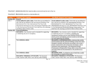 En - 5
Edition 2011, Version 1
January 1, 2011
CHAPTER 1 –ADMINISTRATION (NOT ADOPTED, REPLACED WITH GUIDE SECTION 1, PART A)
CHAPTER 2 – DEFINITIONS (ADOPTED AS AMENDED BELOW)
Section Original Code Language Abu Dhabi Adopted Code Language
Section 201 - General
201.3 Terms defined in other codes. Terms that are not defined in
this code but are defined in the International Building Code,
International Fire Code, International Fuel Gas Code,
International Mechanical Code, International Plumbing Code
or the International Residential Code shall have the meanings
ascribed to them in those codes.
Terms defined in other codes. Terms that are not defined in
this code but are defined in the International Building Code,
International Fire Code, International Fuel Gas Code,
International Mechanical Code, International Plumbing Code
or the International Residential Energy Conservation Code
shall have the meanings ascribed to them in those codes.
Section 202 – General Definitions
202
BUILDING. Any structure used or intended for supporting
or sheltering any use or occupancy.
BUILDING. Any structure used or intended for supporting
or sheltering any use or occupancy, including any
mechanical systems, service water heating systems and
electric power and lighting systems located on the building
site and supporting the building.
New definition added. BUILDING COMMISSIONING. A process that verifies
and documents that the selected building systems have been
designed, installed, and function according to the owner’s
project requirements and construction documents, and to
minimum code requirements. The Registered Design
Professional of Responsible Charge shall oversee this process
and shall submit all documentation to the jurisdiction as
required.
New definition added. BUILDING SITE. A contiguous area of land that is under
the ownership or control of one entity.
BUILDING THERMAL ENVELOPE. The basement
walls, exterior walls, floor, roof, and any other building
BUILDING THERMAL ENVELOPE. The basement
walls, exterior walls, floor, roof, and any other building
 