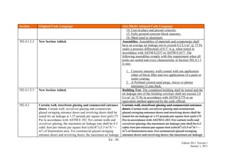 En - 20
Edition 2011, Version 1
January 1, 2011
Section Original Code Language Abu Dhabi Adopted Code Language
14. Cast-in-place and precast concrete.
15. Fully grouted concrete block masonry.
16. Sheet steel or aluminum
502.4.1.2.2 New Section Added. Assemblies. Assemblies of materials and components shall
have an average air leakage not to exceed 0.2 L/s·m2
@ 75 Pa
under a pressure differential of 0.3‖ w.g. when tested in
accordance with ASTM E2357 or ASTM E1677. The
following assemblies comply with this requirement when all
joints are sealed and every characteristic in Section 502.4.1.1
is met:
1. Concrete masonry walls coated with one application
either of block filler and two applications of a paint or
sealer coating;
2. A Portland cement/sand parge, stucco or plaster
minimum 12 mm thick.
502.4.1.2.3 New Section Added. Building Test. The completed building shall be tested and the
air leakage rate of the building envelope shall not exceed 2.0
L/s·m2
@ 75 Pa in accordance with ASTM E779 or an
equivalent method approved by the code official.
502.4.2 Curtain wall, storefront glazing and commercial entrance
doors. Curtain wall, storefront glazing and commercial-
glazed swinging entrance doors and revolving doors shall be
tested for air leakage at 1.57 pounds per square foot (psf) (75
Pa) in accordance with ASTM E 283. For curtain walls and
storefront glazing, the maximum air leakage rate shall be 0.3
cubic foot per minute per square foot (cfm/ft2
) (5.5 m3
/h °—
m2
) of fenestration area. For commercial glazed swinging
entrance doors and revolving doors, the maximum air leakage
Curtain wall, storefront glazing and commercial entrance
doors. Curtain wall, storefront glazing and commercial-
glazed swinging entrance doors and revolving doors shall be
tested for air leakage at 1.57 pounds per square foot (psf) (75
Pa) in accordance with ASTM E 283. For curtain walls and
storefront glazing, the maximum air leakage rate shall be 0.3
cubic foot per minute per square foot (cfm/ft2
) (5.5 m3
/h °—
m2
) of fenestration area. For commercial glazed swinging
entrance doors and revolving doors, the maximum air leakage
 