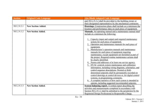 En - 34
Edition 2011, Version 1
January 1, 2011
Section Original Code Language Abu Dhabi Adopted Code Language
and 503.2.9.3.2 shall be provided to the building owner or
their designated representative by the mechanical contractor.
503.2.9.3.1 New Section Added. Drawings. Construction plans shall include as a minimum the
location and performance data on each piece of equipment.
503.2.9.3.2 New Section Added. Manuals. An operating manual and a maintenance manual shall
include at a minimum the following:
1. Capacity (input and output) and required maintenance
actions for each piece of equipment.
2. Operation and maintenance manuals for each piece of
equipment.
3. Manufacturer’s operation manuals and maintenance
manuals for each piece of equipment requiring
maintenance, except equipment not furnished as part of
the project. Required routine maintenance actions shall
be clearly identified.
4. Names and addresses of at least one service agency.
5. HVAC controls system maintenance and calibration
information, including wiring diagrams, schematics, and
control sequence descriptions. Desired or field-
determined setpoints shall be permanently recorded on
control drawings at control devices or, for digital control
systems, in programming comments.
6. A complete narrative of how each system is intended to
operate, including suggested recommended setpoints.
503.2.9.3.3 New Section Added. System balancing report. A written report describing the
activities and measurements completed in accordance with
Section 503.2.9.1.2 shall be submitted to the jurisdiction by the
Registered Design Professional in Responsible Charge.
 