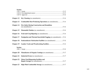 xxii
Section
1101.1 Scope .................................................................................................F-15
1103.4 Fire department access .......................................................................F-15
1107.8 Approval ............................................................................................F-16
Chapter 12 Dry Cleaning (no amendments)..........................................................F-16
Chapter 13 Combustible Dust-Producing Operations (no amendments).............F-16
Chapter 14 Fire Safety During Construction and Demolition
(no amendments).................................................................................F-16
Chapter 15 Flammable Finishes (no amendments)...............................................F-16
Chapter 16 Fruit and Crop Ripening (no amendments).......................................F-16
Chapter 17 Fumigation and Thermal Insecticidal Fogging (no amendments) ....F-16
Chapter 18 Semiconductor Fabrication Facilities (no amendments) ...................F-16
Chapter 19 Lumber Yards and Woodworking Facilities....................................F-16
Section
1901.1 Scope .................................................................................................F-16
Chapter 20 Manufacture of Organic Coatings (no amendments) ........................F-17
Chapter 21 Industrial Ovens (no amendments) ....................................................F-17
Chapter 22 Motor Fuel-Dispensing Facilities and
Repair Garages (no amendments)......................................................F-17
Chapter 23 High Piled Combustible Storage (no amendments) ...........................F-17
 