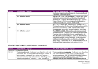 M - 2
Edition 2011, Version 1
January 1, 2011
Section Original Code Language Abu Dhabi Adopted Code Language
202
Mechanical Inspection, it shall mean the Construction Permit
Department of the municipality.
New definition added. NATIONAL ELECTRICAL CODE. Wherein these codes
reference is made to the National Electrical Code, it shall
mean the The Electricity Wiring Regulations 2007, Revision
1, dated January, 2009, as promulgated by the Regulation
and Supervision Bureau, Emirate of Abu Dhabi.
New definition added. NFPA 70. Wherein these codes reference is made to NFPA
70, it shall mean the The Electricity Wiring Regulations 2007,
Revision 1, dated January, 2009, as promulgated by the
Regulation and Supervision Bureau, Emirate of Abu Dhabi.
New definition added PLUMBING CODE. Wherein this code reference is made
to the International Plumbing Code it shall mean the Uniform
Plumbing Code of Abu Dhabi Emirate as published by the
Abu Dhabi Environmental Agency and or the Water Quality
Regulations, January 2009, as published by the Regulation
and Supervision Bureau, unless an alternative plumbing
design which is based upon the IPC has been approved by the
Building Official in accordance with section 101.4.3..
CHAPTER 3 – GENERAL REGULATIONS (ADOPTED AS AMENDED BELOW)
Section Original Code Language Abu Dhabi Adopted Code Language
Section 307 – Condensate Disposal
307.2.1 Condensate disposal. Condensate from all cooling coils and
evaporators shall be conveyed from the drain pan outlet to an
approved place of disposal. Such piping shall maintain a
minimum horizontal slope in the direction of discharge of not
less than one-eighth unit vertical in 12 units horizontal (1-
Condensate disposal collection. Condensate from all cooling
coils and evaporators, as well as test water from the fire
sprinkler main drain, shall be collected, stored and reused as
required by Section 314 of the plumbing codeshall be
conveyed from the drain pan outlet to an approved place of
 